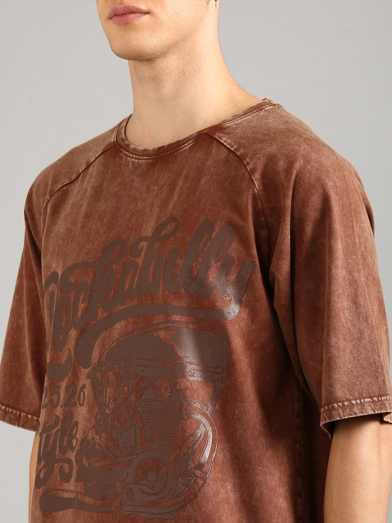 Joven Men Brown Printed Pure Cotton Oversized Raglan Distressed T-Shirt - Image 5