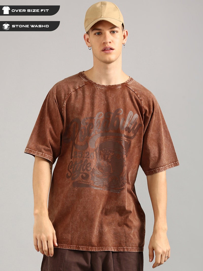 Joven Men Brown Printed Pure Cotton Oversized Raglan Distressed T-Shirt - Image 1
