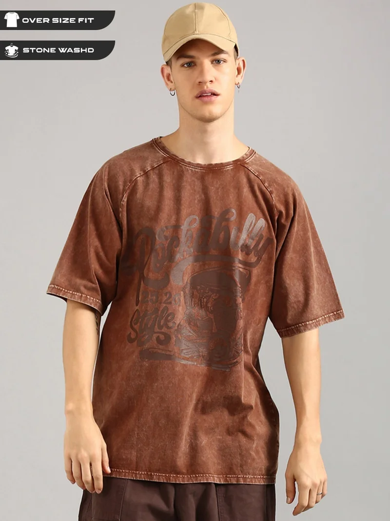 Joven Men Brown Printed Pure Cotton Oversized Raglan Distressed T-Shirt