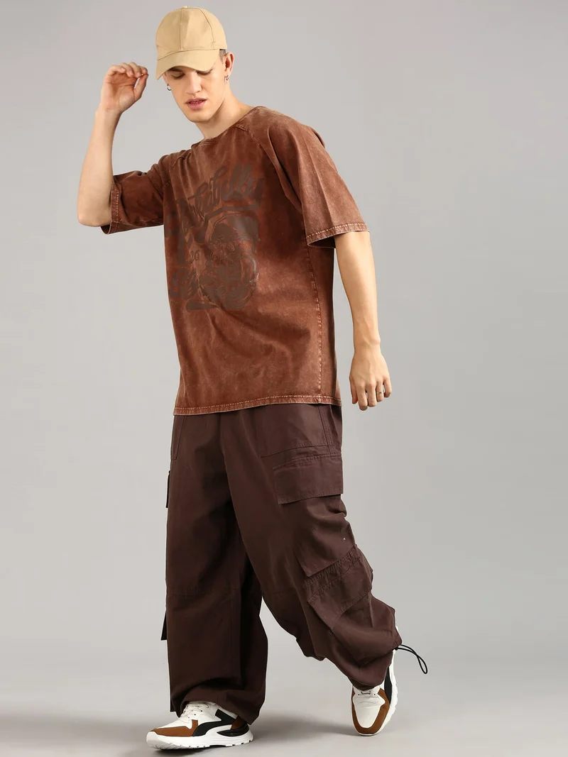 Joven Brown Men Brown Printed Pure Cotton Oversized Raglan Distressed T-Shirt for Men | Best Price UAE