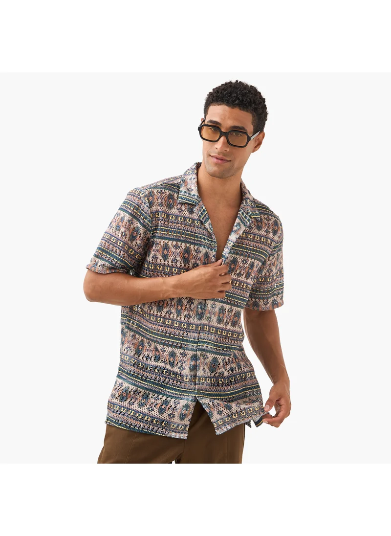 FAV Textured Regular Fit Shirt with Camp Collar and Short Sleeves