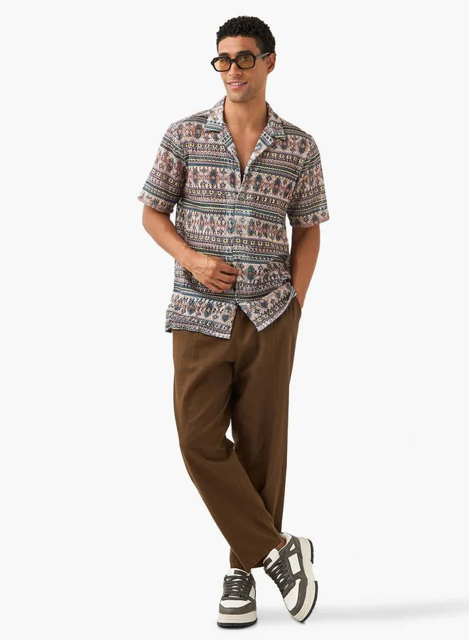 Splash FAV Textured Regular Fit Shirt with Camp Collar and Short Sleeves