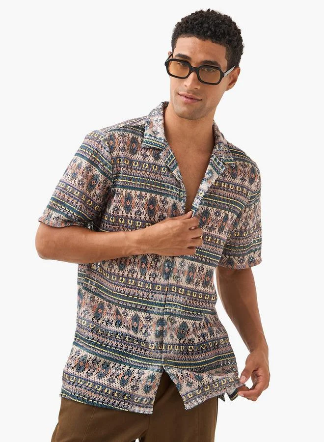 Splash FAV Textured Regular Fit Shirt with Camp Collar and Short Sleeves