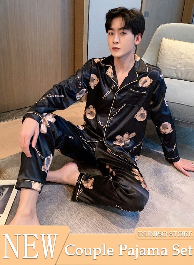 DUNISO 2 Picecs Mens Pajamas Sets Silk Satin Sleepwear Set Home Loungewear Long Sleeve Shirt with Button and Pants - Image 1