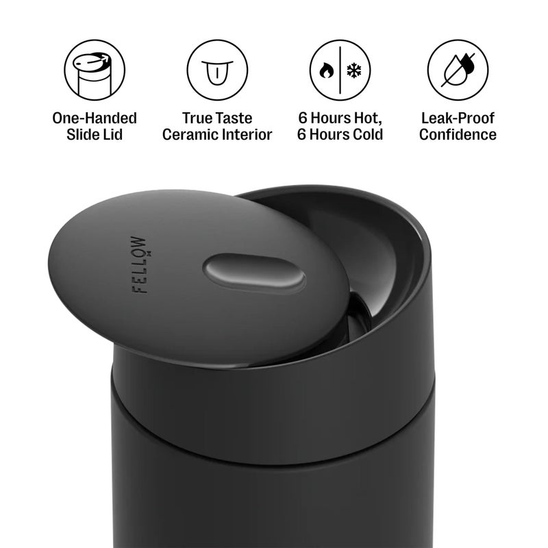 Fellow 16 oz Carter Slide Travel Mug â€“ One-Handed Slide Lid, Vacuum Insulated Stainless Steel Tumbler with Ceramic Interior for Hot and Cold Drinks, Leak-Proof and Dishwasher Safe, Matte Black - Image 2