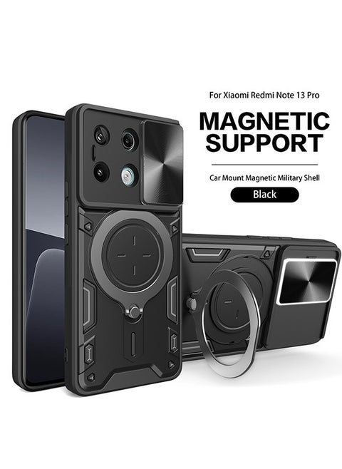 For Xiaomi Redmi Note 13 Pro 5G Case, with Slide Camera Cover and Stand Kickstand Magnetic Ring Shockproof Protective Cover, Anti-Fall Drop Protection, Shockproof Case, Black