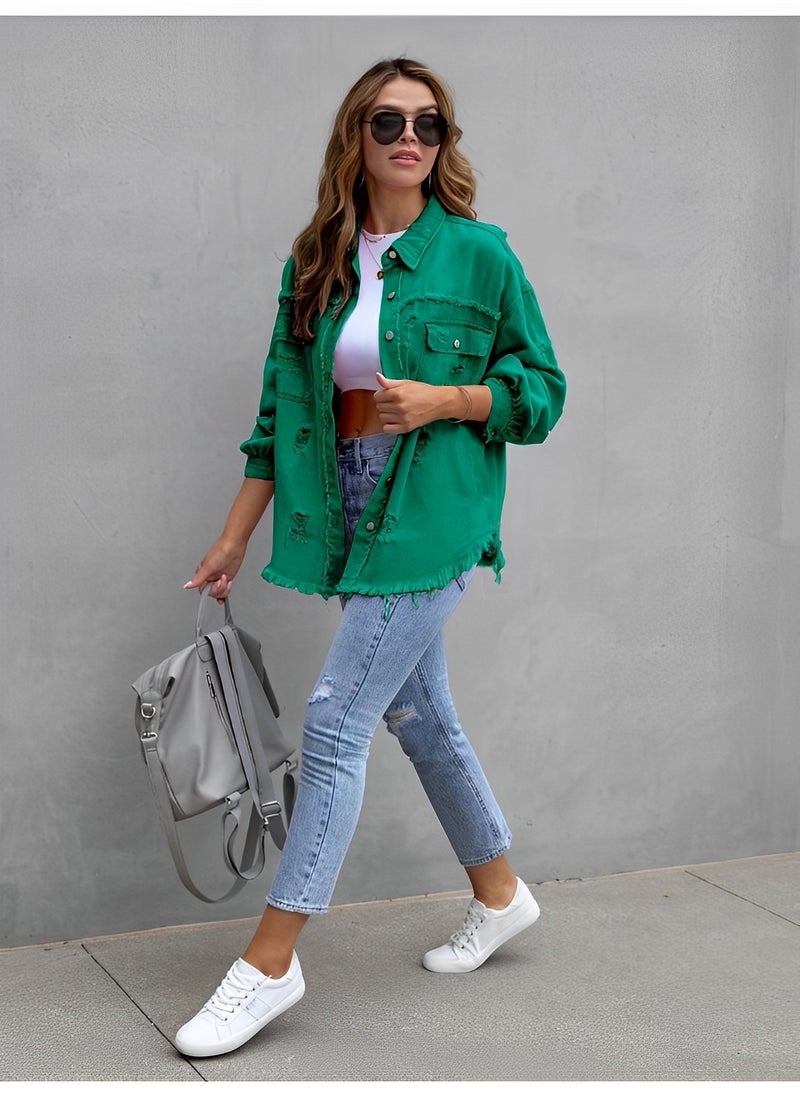 REOCLE Women's Denim Jackets Jean Jacket Long Sleeve Classic Distressed Fray Denim Jackets Casual Lapel Slim Denim Jacket  - Image 3