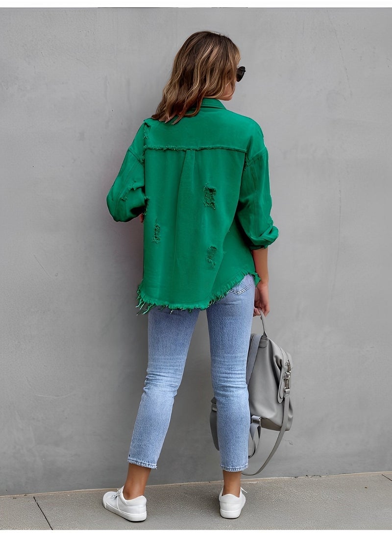 REOCLE Women's Denim Jackets Jean Jacket Long Sleeve Classic Distressed Fray Denim Jackets Casual Lapel Slim Denim Jacket  - Image 4