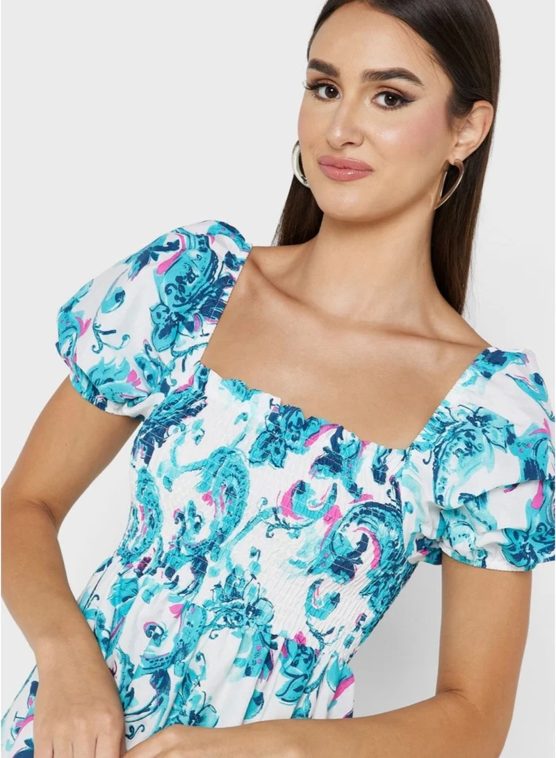 Fashonara  Puff Sleeve A-Line Printed Blue&White Dress for Women | Best Price UAE