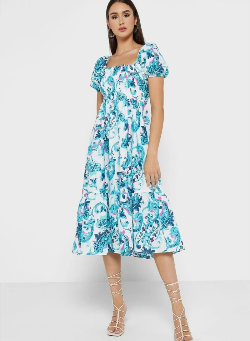 فاشونارا فستان أزرق وأبيض مطبوع بياقة مدورة وأكمام منفوشة