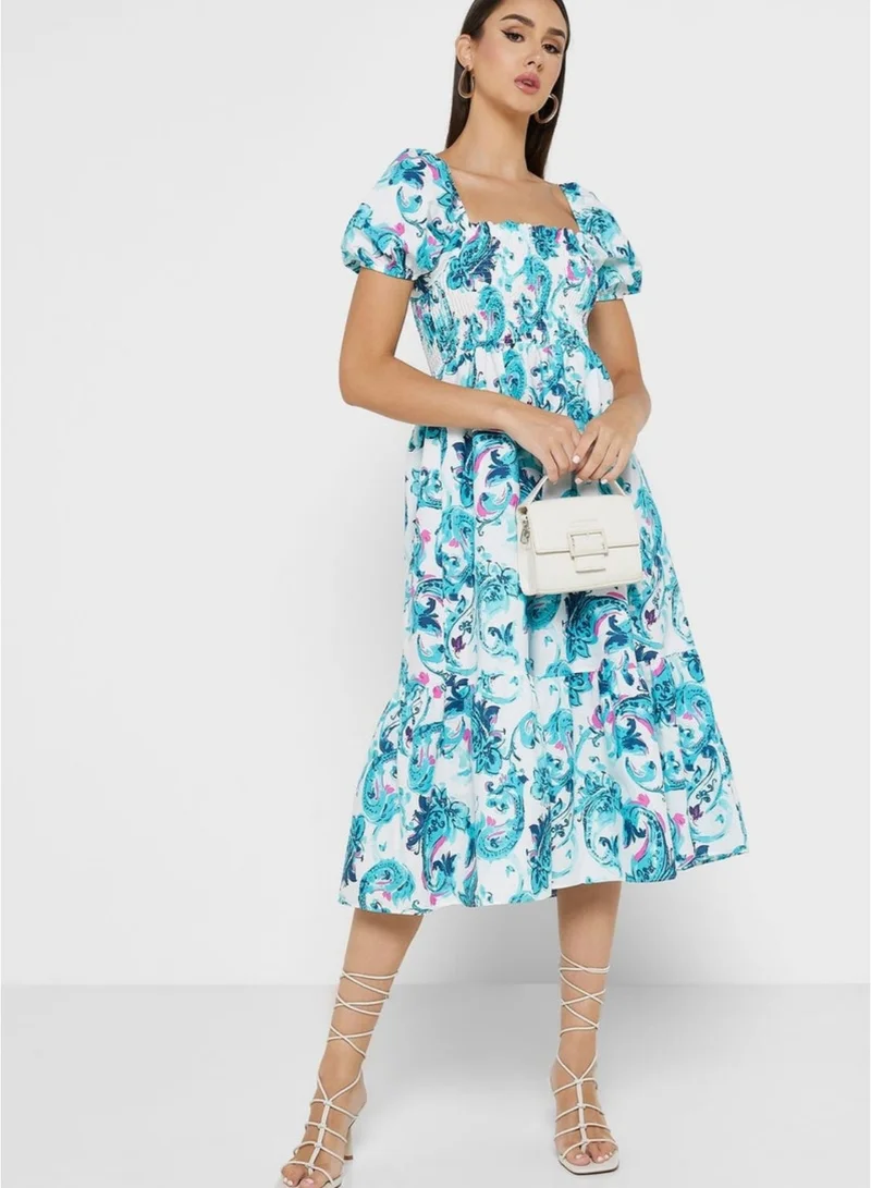 Fashonara  Puff Sleeve A-Line Printed Blue&White Dress for Women | Best Price UAE