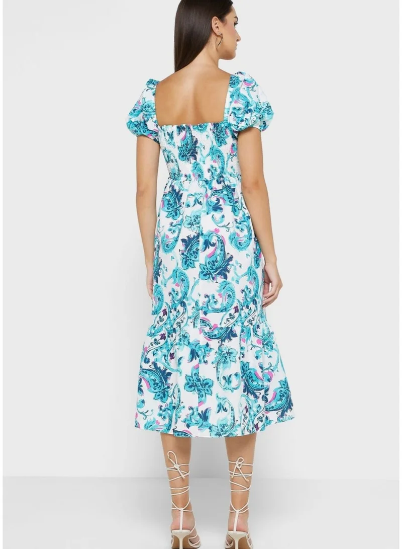 فاشونارا فستان أزرق وأبيض مطبوع بياقة مدورة وأكمام منفوشة