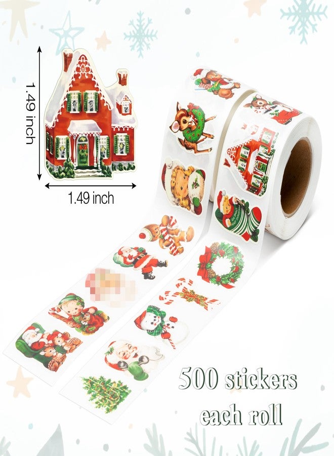 W1cwey Vintage Christmas Sticker Rolls - 1000 Pcs Cartoon Santa Snowman Elk Xmas Tree Waterproof Vinyl Reusable Laptop Stickers Coloring Scrapbook Water Bottle Page Activity Pad Christmas Party Favors - Image 3
