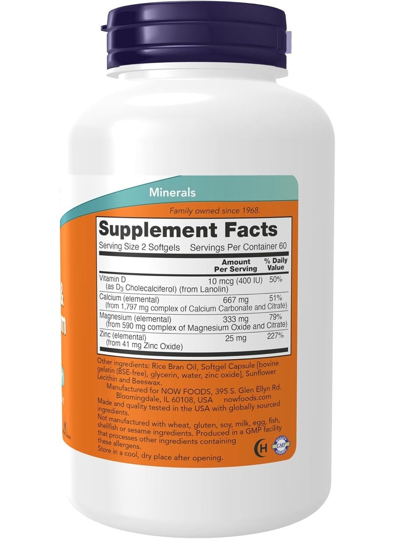 now مكملات، الكالسيوم والمغنيسيوم مع فيتامين د-3 والزنك، يدعم صحة العظام*، 120 كبسولة لينة - Image 2