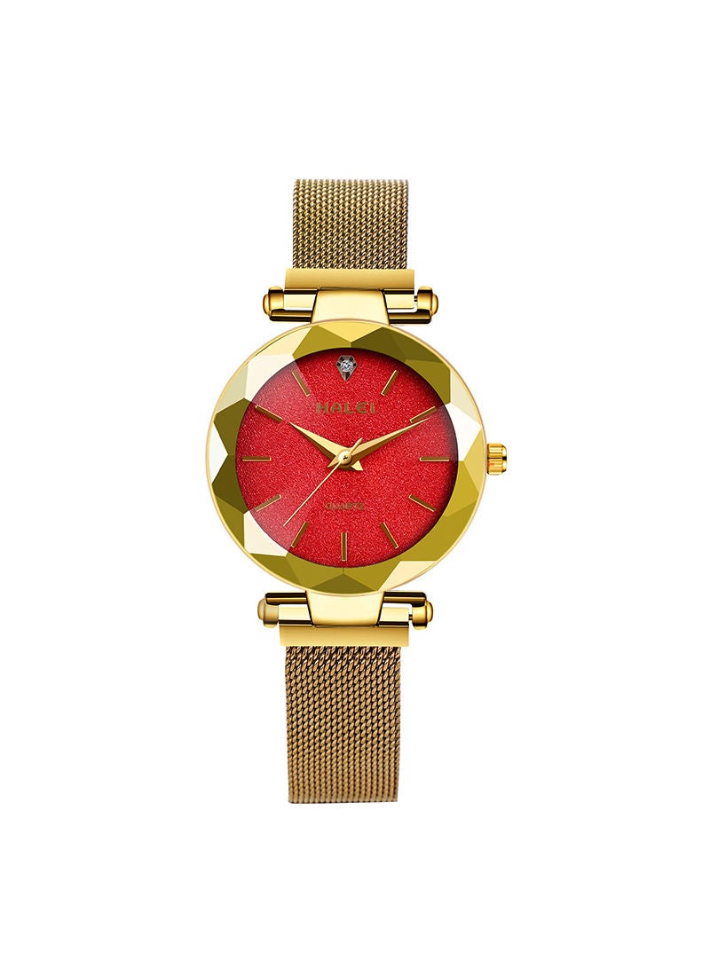 هالي ساعة هارلي النسائية للحزام الماسي فاخرة خفيفة 6010L - 34مم - ذهبي/أحمر - كرونوغراف - مقاومة للماء والصدمات - Image 1