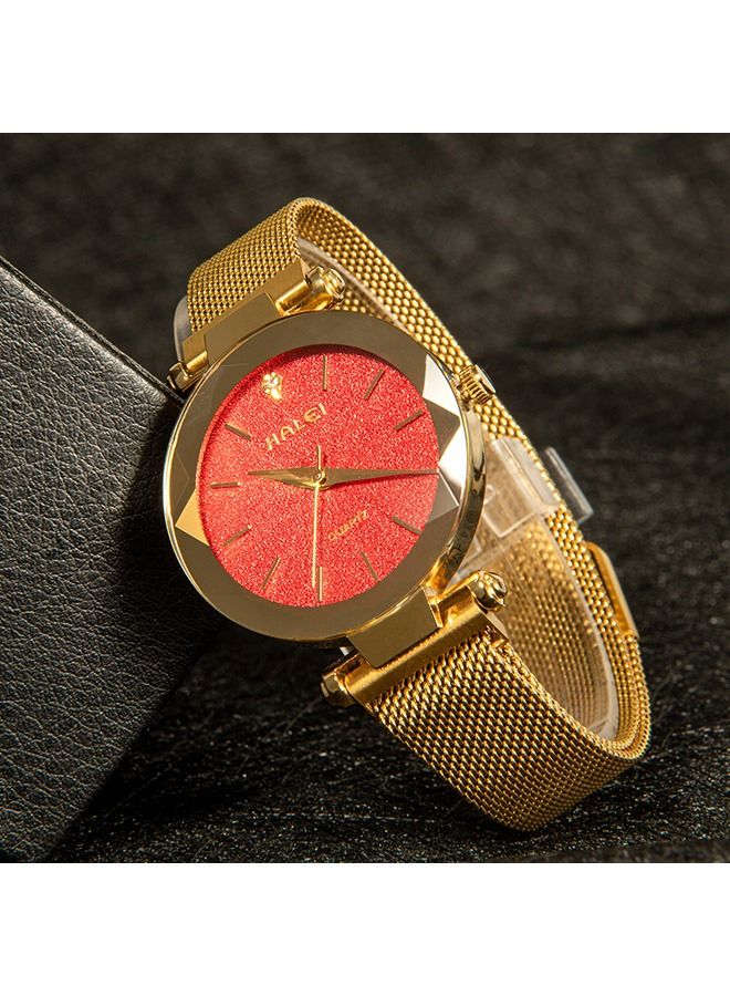 هالي ساعة هارلي النسائية للحزام الماسي فاخرة خفيفة 6010L - 34مم - ذهبي/أحمر - كرونوغراف - مقاومة للماء والصدمات - Image 4