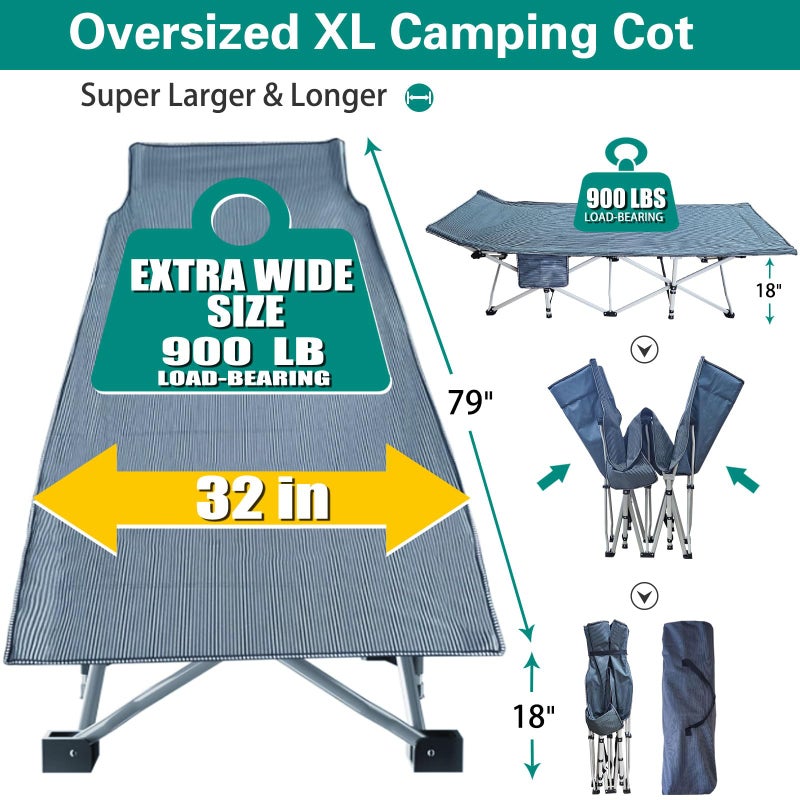 GETOVIN XXL Camping Cot with Mattress Oversize 32" Width Folding Cot Heavy Duty Comfortable Cots for Sleeping Guest Bed with Carry Bag Portable Easy to Set-up for Home Travel Outdoor 79" x 32" x 18" - Image 4