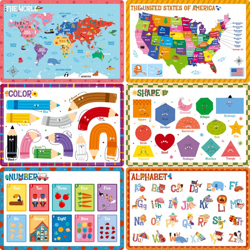 SpriteGru 6 Pack Placemats for Kids NonSlip Washable Reusable Alphabet Number Shape Color America World Map Themed Educational Placemats for Home Kindergarten Classroom Nursery - Image 3
