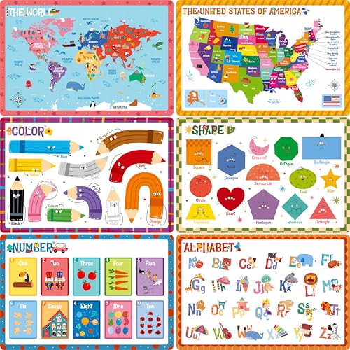 SpriteGru 6 Pack Placemats for Kids NonSlip Washable Reusable Alphabet Number Shape Color America World Map Themed Educational Placemats for Home Kindergarten Classroom Nursery - Image 1