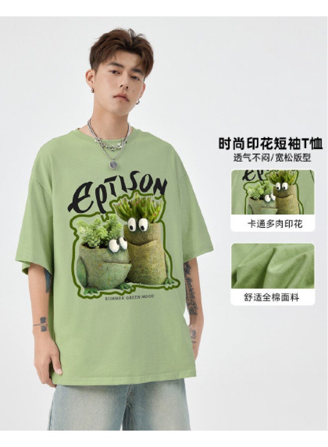 EPTISON men's Summer Mountain-style Cartoon Green Plant Print Round Neck T-shirt - Fashionable Sportswear Outdoor Apparel - Image 1