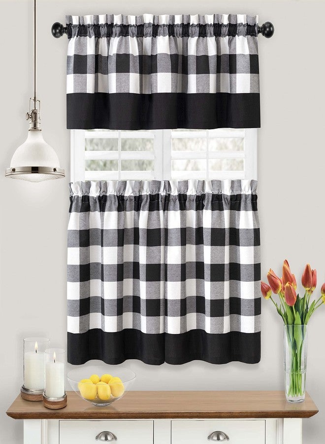 GoodGram Modern Country Farmhouse 3 Piece Buffalo Plaid Checkered Cafe Kitchen Curtain Tier & Valance Set - Assorted Colors & Sizes (Black, 36 in. L) - Image 1