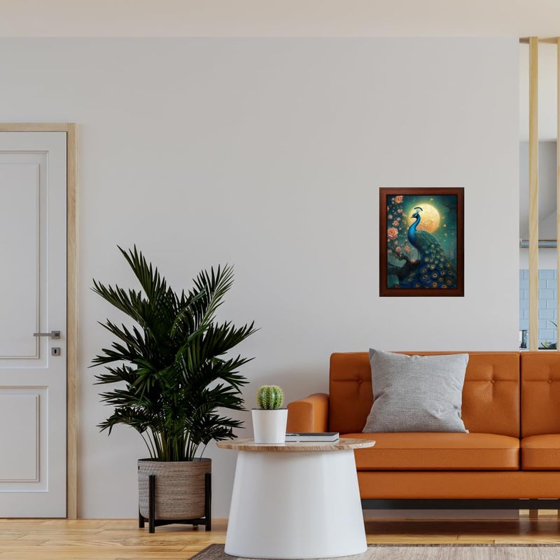 Vastu Peacock Painting Digital Reprint Trendy Fancy Room Home Office Wall Decoration With Brown Painting (10Inches X 13.5Inches) - Engineered Wood - Image 3