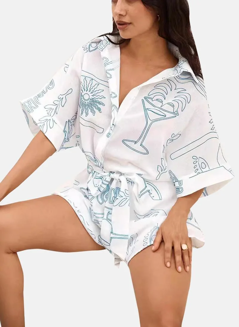 يونيكي White Collared Tropical Print Cropped Jumpsuit