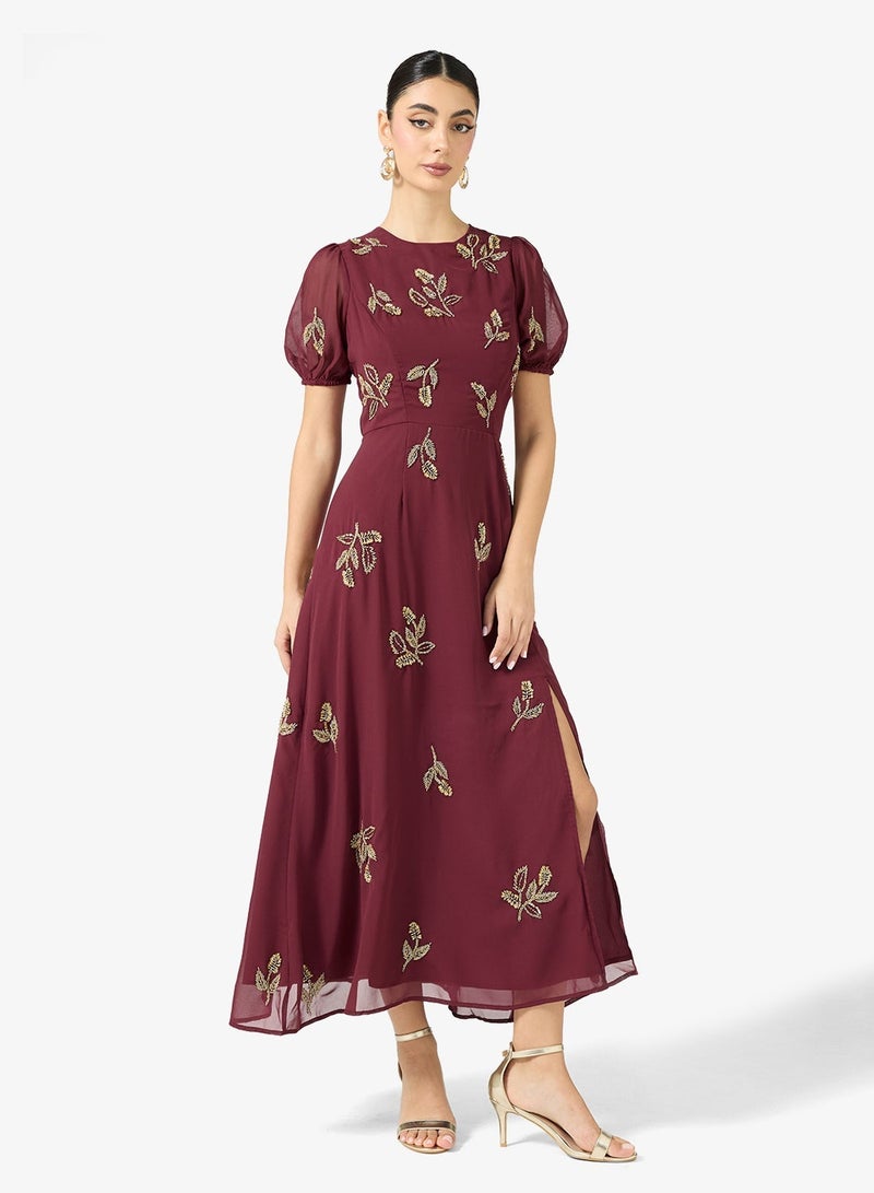 مايا فستان ميدي بأكمام منفوشة وطبعات زهور وربطة عنق - Image 1