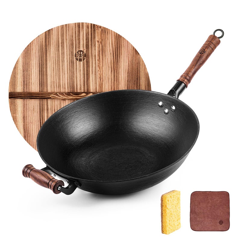 WANGYUANJI Cast Iron Wok Pan 142 inch Large Wok Stir Fry Pan Flat Bottom Wok with Lid and Wood Handle Suitable for All Cooktops Uncoated Craft Pot Healthy Cooking Pot