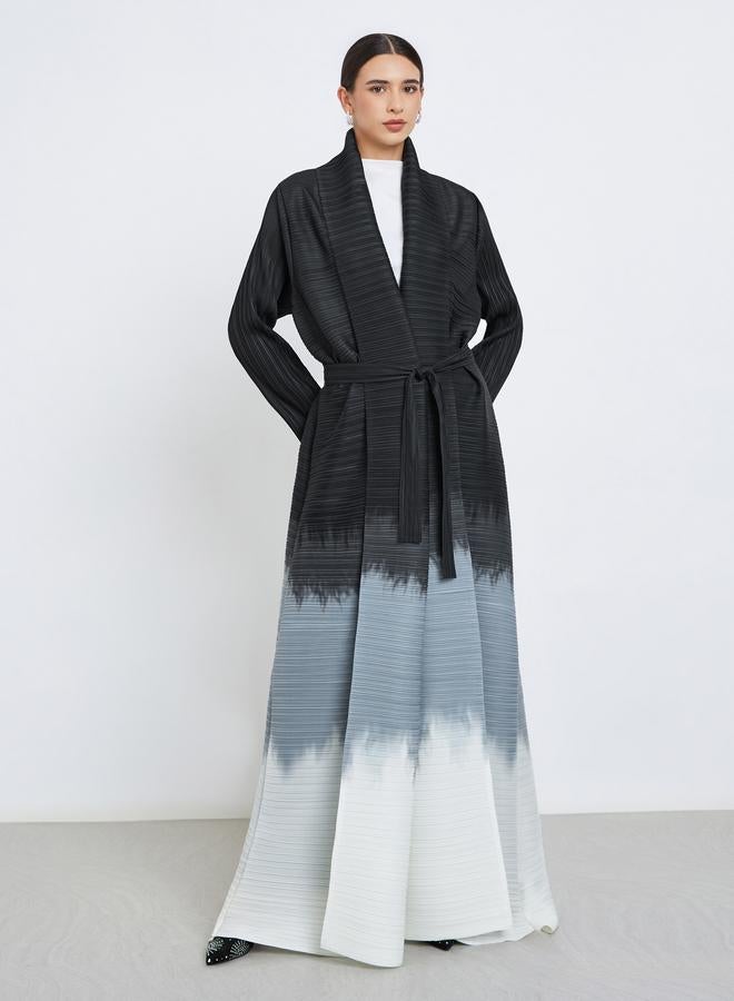 Take Two Color Blocked Textured Pleated Belted Long Sleeve Abaya - Image 2