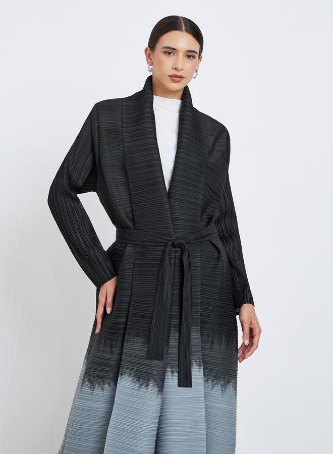Take Two Color Blocked Textured Pleated Belted Long Sleeve Abaya - Image 3