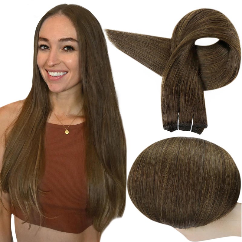 Full Shine 22 Inch Human Hair Weft Extensions Sew In Hair Extensions Real Hair For Thick Hair Color Medium Brown Hair Weft Straight Human Hair Bundels Double Weft Extensions 105G