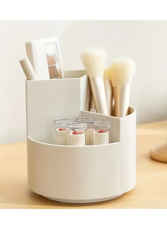 ORiTi Rotating Makeup Brush Holder 3 Compartments Cosmetic Supplies Organizer for Pen Eyebrow Pencil Makeup Brushes Desktop Storage Box in Classroom and Art Studio - white  - Image 1