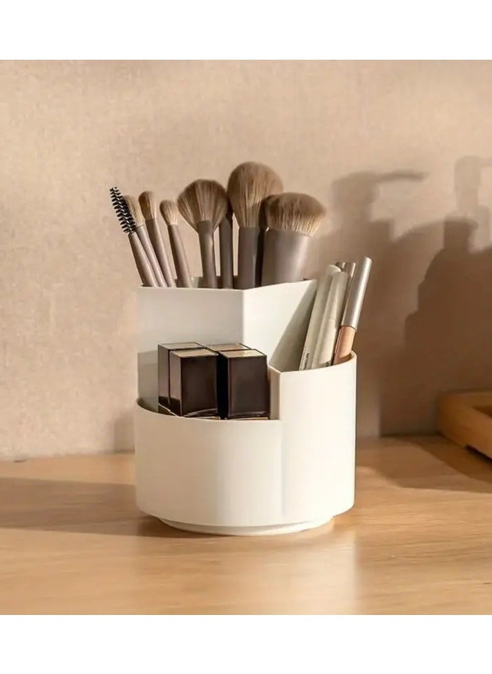 ORiTi Rotating Makeup Brush Holder 3 Compartments Cosmetic Supplies Organizer for Pen Eyebrow Pencil Makeup Brushes Desktop Storage Box in Classroom and Art Studio - white  - Image 2