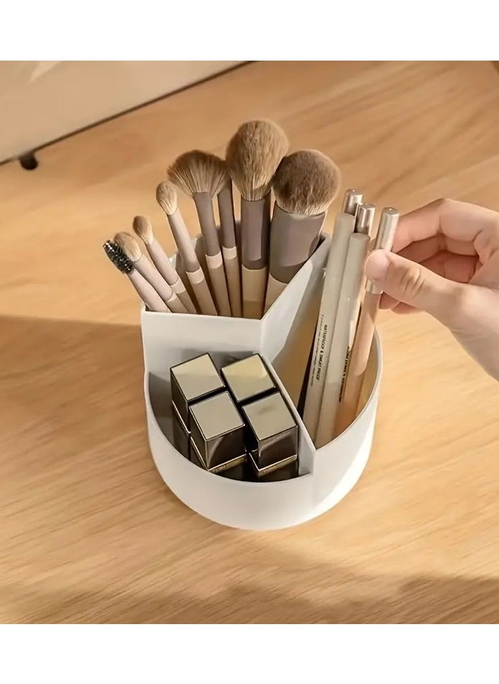 ORiTi Rotating Makeup Brush Holder 3 Compartments Cosmetic Supplies Organizer for Pen Eyebrow Pencil Makeup Brushes Desktop Storage Box in Classroom and Art Studio - white  - Image 3