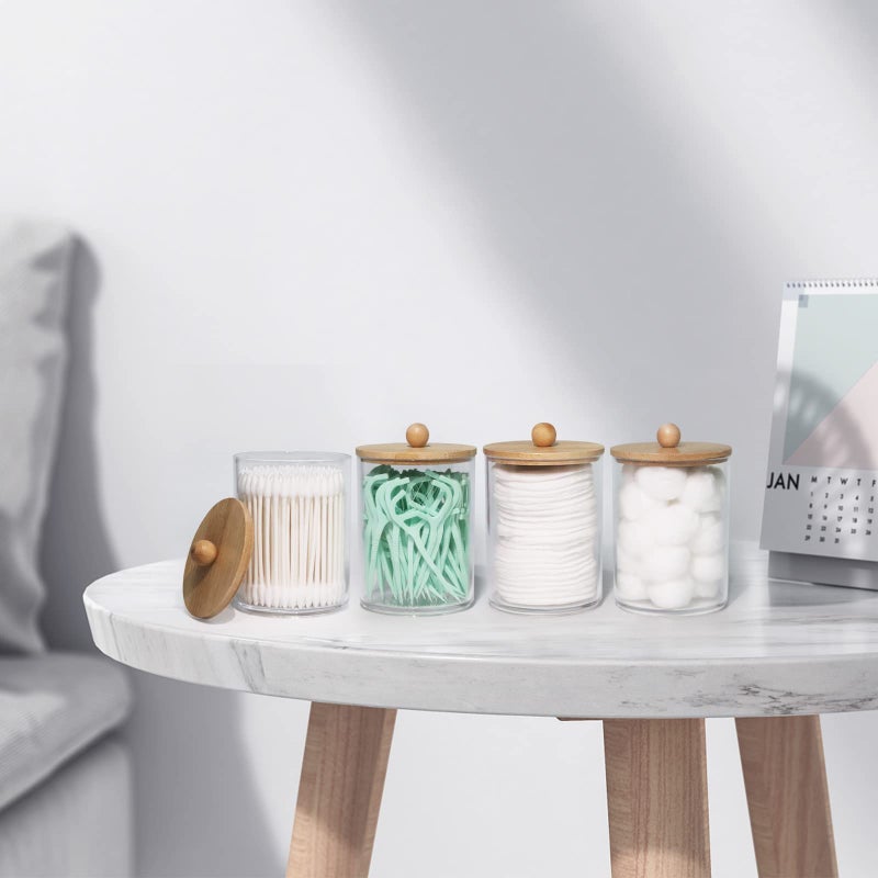 Tbestmax 4 Pack Qtip Holder, 10-Ounce Bathroom Organizer Accessories Storage Containers Clear Plastic Apothecary Jars with Bamboo Lids for Cotton Ball, Cotton Swab, Floss - Image 5