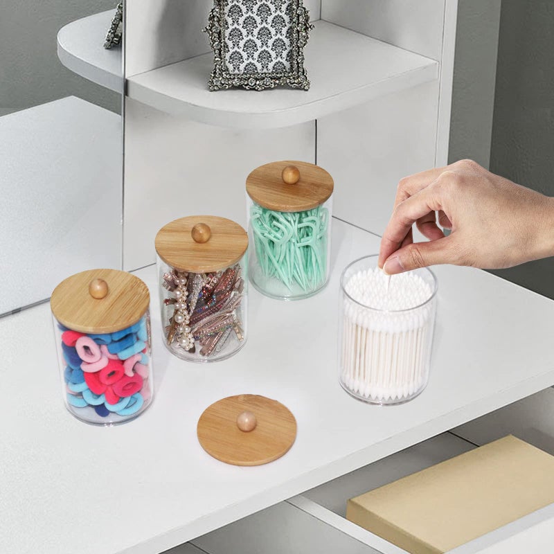 Tbestmax 4 Pack Qtip Holder, 10-Ounce Bathroom Organizer Accessories Storage Containers Clear Plastic Apothecary Jars with Bamboo Lids for Cotton Ball, Cotton Swab, Floss - Image 4