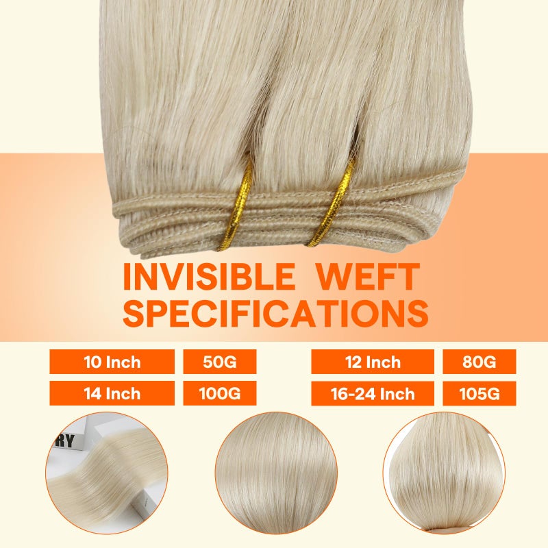 Full Shine Weft Hair Extensions Human Hair Color Platinum Blonde Human Hair Invisible Sew In Hair Extensions Double Weft Extensions Blonde Straight Hair Weft Sew Ins 105G 22 Inch - Image 3