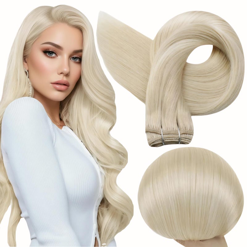 Full Shine Weft Hair Extensions Human Hair Color Platinum Blonde Human Hair Invisible Sew In Hair Extensions Double Weft Extensions Blonde Straight Hair Weft Sew Ins 105G 22 Inch - Image 1