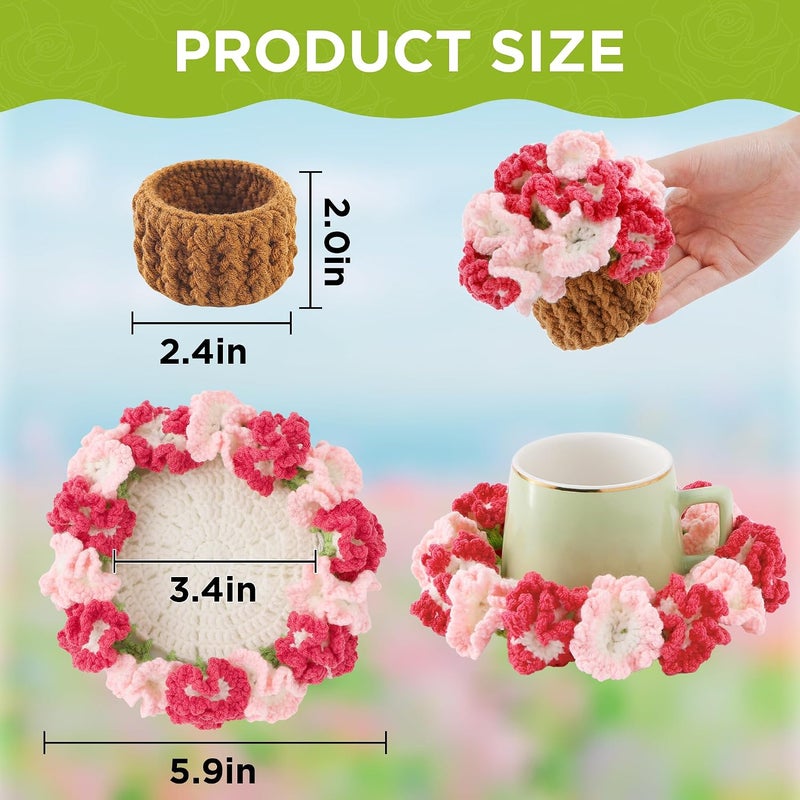 Vane Oak Flower Crochet Coasters, Handmade Bouquet Blanket Coaster with Crochet Plant Pot Fun Soft Decorative Drink Coasters for Coffee Tabletop Protection and Home Decor (Light Pink, 1Pc) - Image 2
