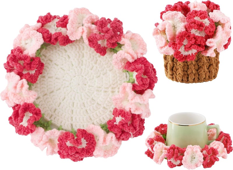 Vane Oak Flower Crochet Coasters, Handmade Bouquet Blanket Coaster with Crochet Plant Pot Fun Soft Decorative Drink Coasters for Coffee Tabletop Protection and Home Decor (Light Pink, 1Pc) - Image 1