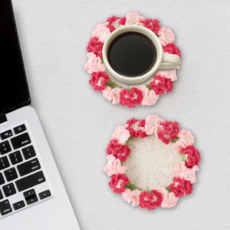 Vane Oak Flower Crochet Coasters, Handmade Bouquet Blanket Coaster with Crochet Plant Pot Fun Soft Decorative Drink Coasters for Coffee Tabletop Protection and Home Decor (Light Pink, 1Pc) - Image 5