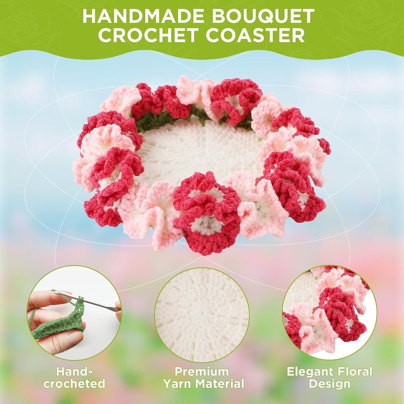 Vane Oak Flower Crochet Coasters, Handmade Bouquet Blanket Coaster with Crochet Plant Pot Fun Soft Decorative Drink Coasters for Coffee Tabletop Protection and Home Decor (Light Pink, 1Pc) - Image 4