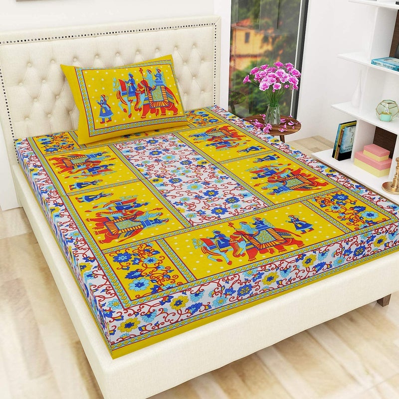Doraya Jaipuri Rajasthani Traditional Sanganeri Printed Cotton Single Size Bedsheet with 1 Pillow Cover - Image 1