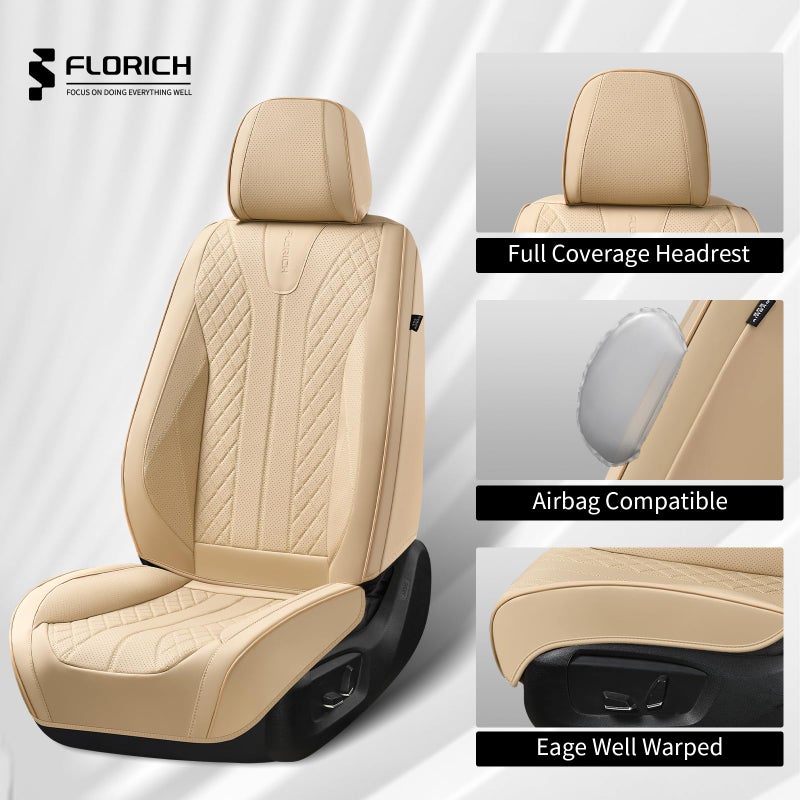 FLORICH Leather Seat Covers, Car Seat Cover Full Set Automotive Seat Covers Waterproof Car Seat Protectors 5 Seats Universal Seat Cover Fit for Most Cars SUV Trucks, Beige - Image 3