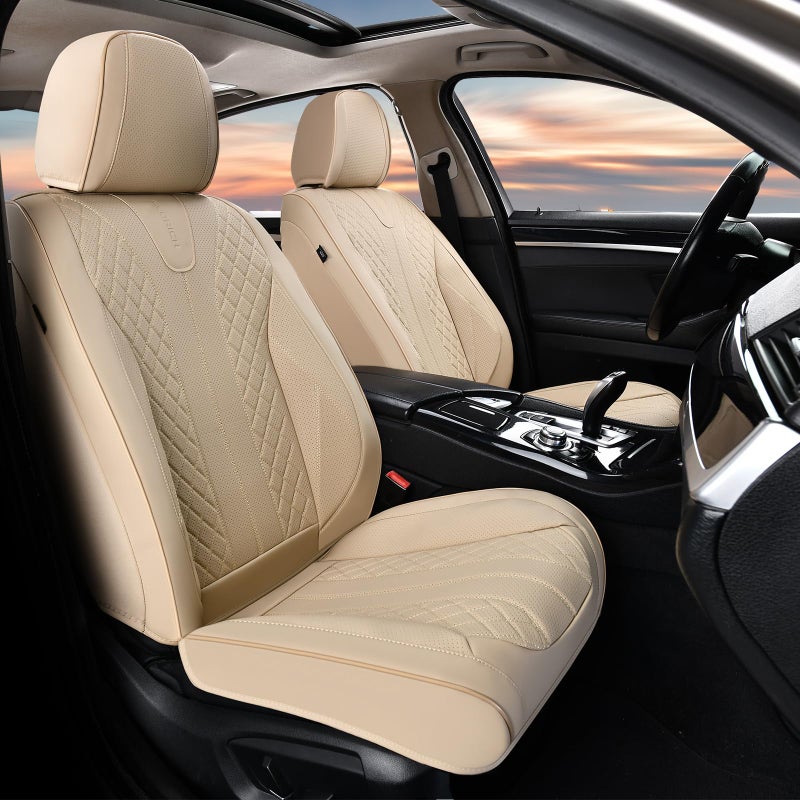 FLORICH Leather Seat Covers, Car Seat Cover Full Set Automotive Seat Covers Waterproof Car Seat Protectors 5 Seats Universal Seat Cover Fit for Most Cars SUV Trucks, Beige - Image 1