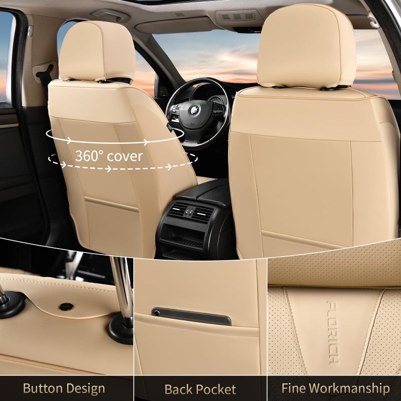 FLORICH Leather Seat Covers, Car Seat Cover Full Set Automotive Seat Covers Waterproof Car Seat Protectors 5 Seats Universal Seat Cover Fit for Most Cars SUV Trucks, Beige - Image 2