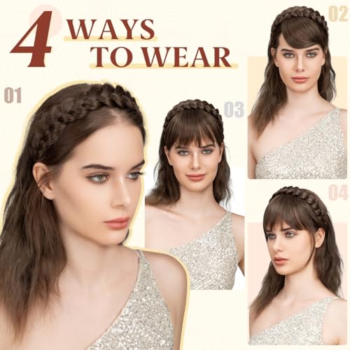 SARLA Braided Headband with 3 Detachable Clip in Bangs Fringe Hairpieces Fake Synthetic Hair Band Bangs for Women Coffee Brown - Image 3