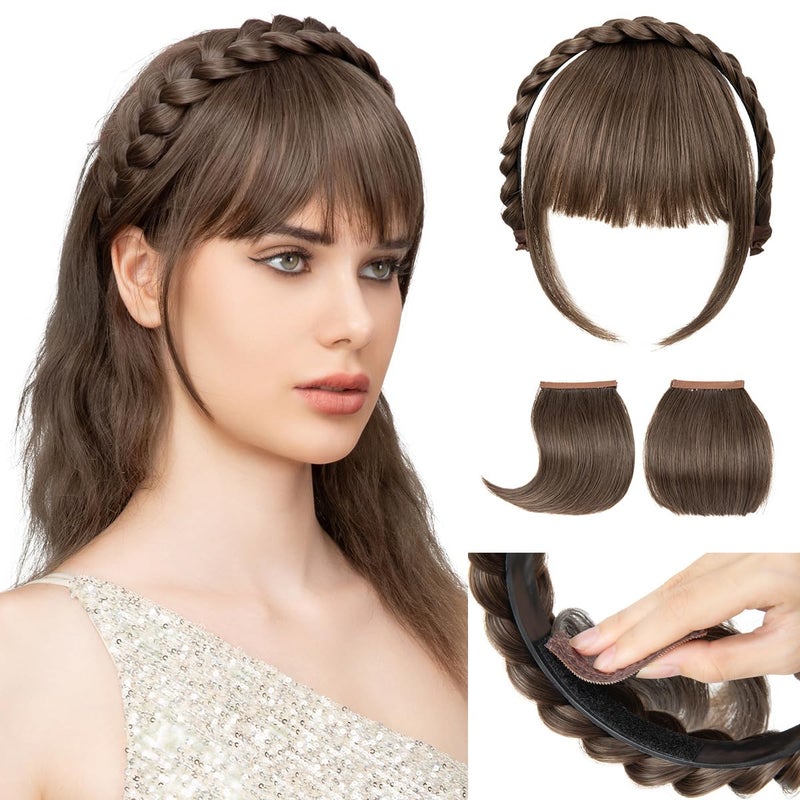 SARLA Braided Headband with 3 Detachable Clip in Bangs Fringe Hairpieces Fake Synthetic Hair Band Bangs for Women Coffee Brown - Image 2
