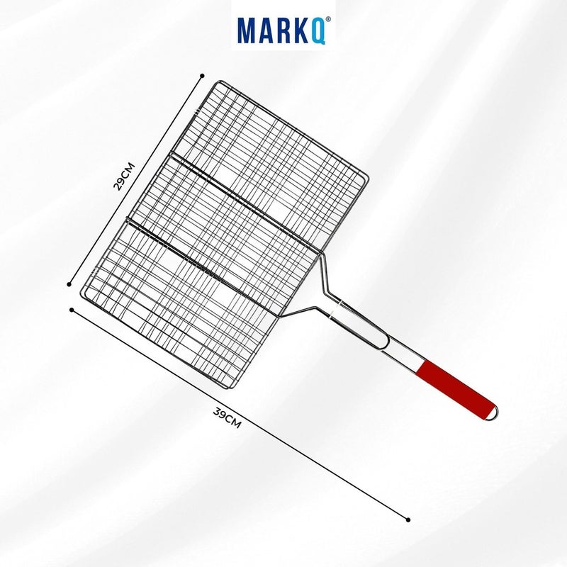 MARKQ سلة شواء باربكيو بمقبض خشبي - سلة باربكيو قابلة للطي محمولة للأسماك والخضروات والجمبري | شبكة قابلة للقفل، سطح شواء كبير من الفولاذ المقاوم للصدأ، فضي - عبوة من 2 - Image 3